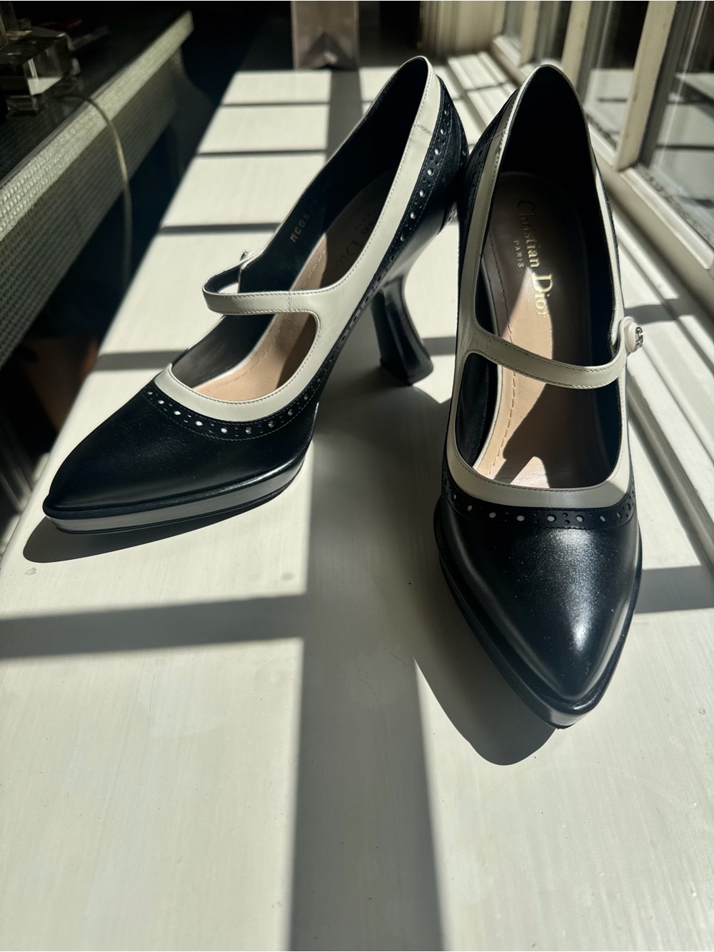 Dior Black and White Mary Jane Pointed Pumps with Strap
